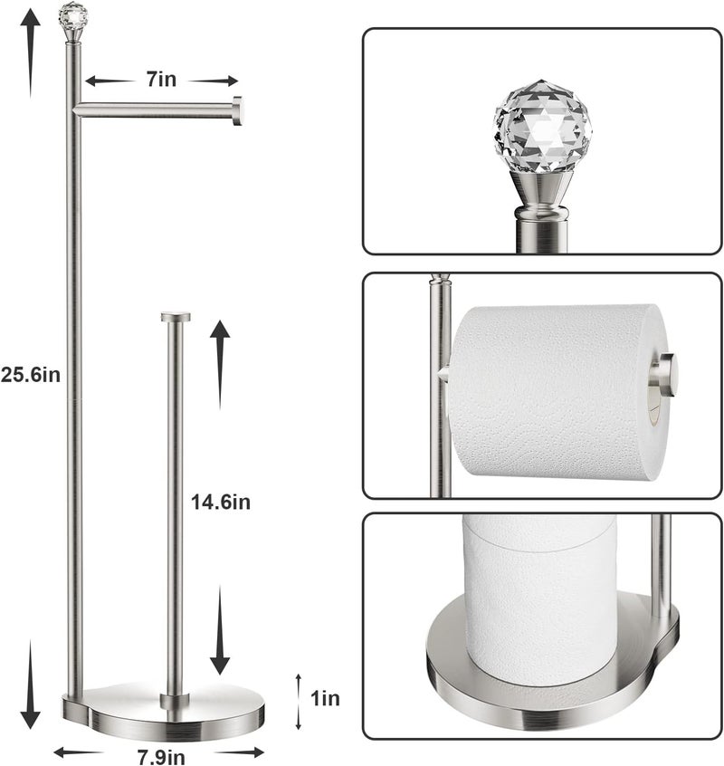 Kasunto Toilet Paper Holder for Bathroom, Heavy Weighted Metal Free Standing Toilet Paper Storage with Crystal Ball, Toilet Paper Stand for Bathroom Accessories, Brushed Nickel [Holds MEGA Rolls] - Image 1